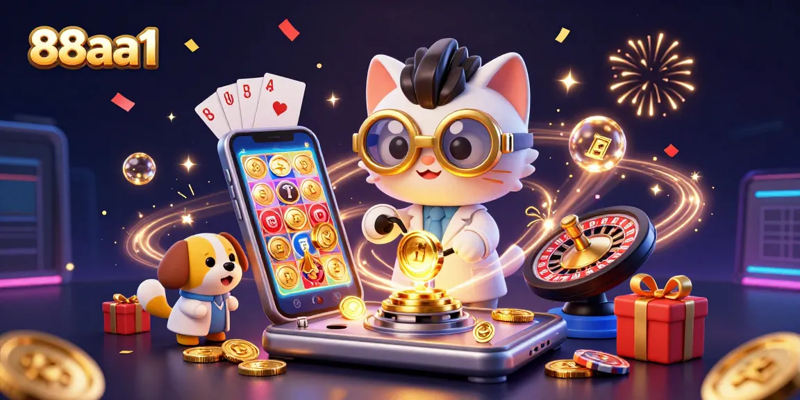 Bet on exciting games at 88aa1 while enjoying this vibrant 3D illustration featuring a mad scientist cat.