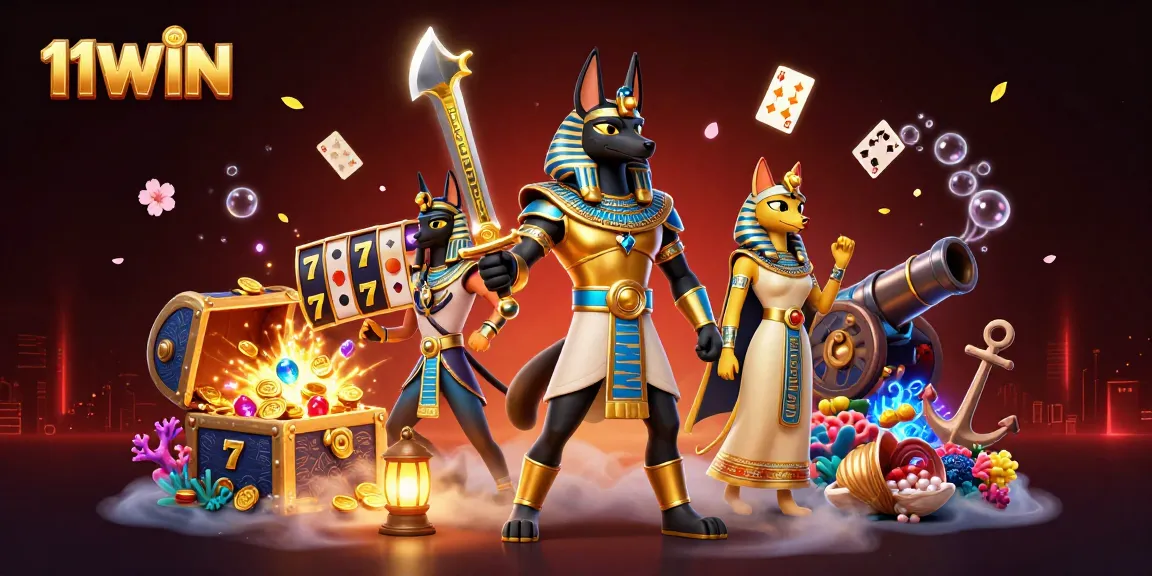 Experience thrilling gameplay with 11WIN, featuring Anubis and Bastet in a vivid casino scene.