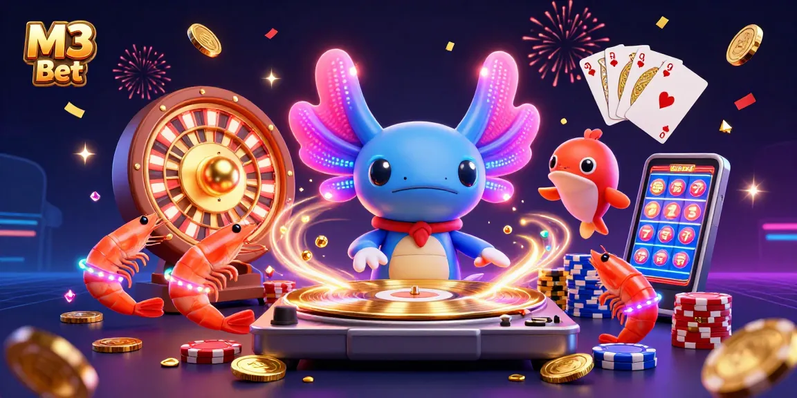 Join the excitement of M3 Bet with a vibrant casino-themed 3D illustration showcasing lively gaming.