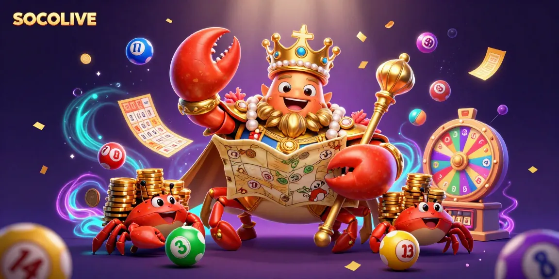 SOCOLIVE features a golden crab emperor leading a vibrant, dynamic casino scene with bouncing lottery balls and golden tickets.