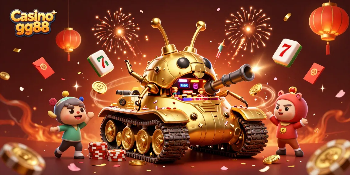 Casino gg88 features a lavish 3D illustration of a gold beetle tank casino surrounded by festive details.