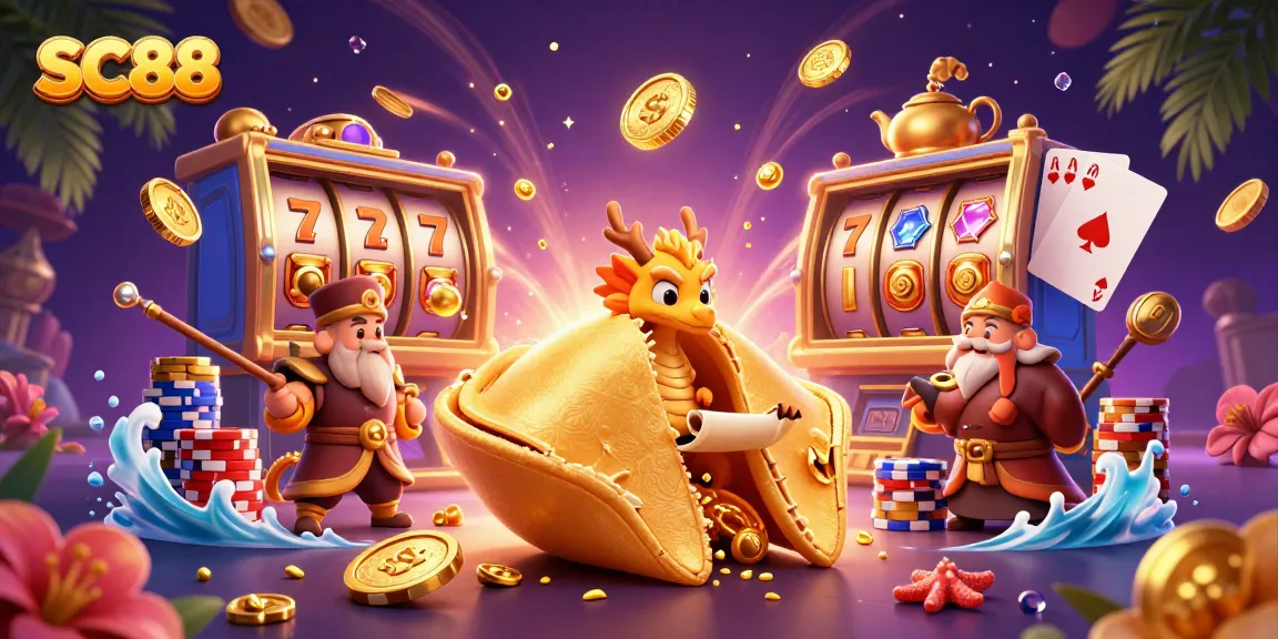 SC88 spins luck with fortune cookie characters in a vibrant casino scene.