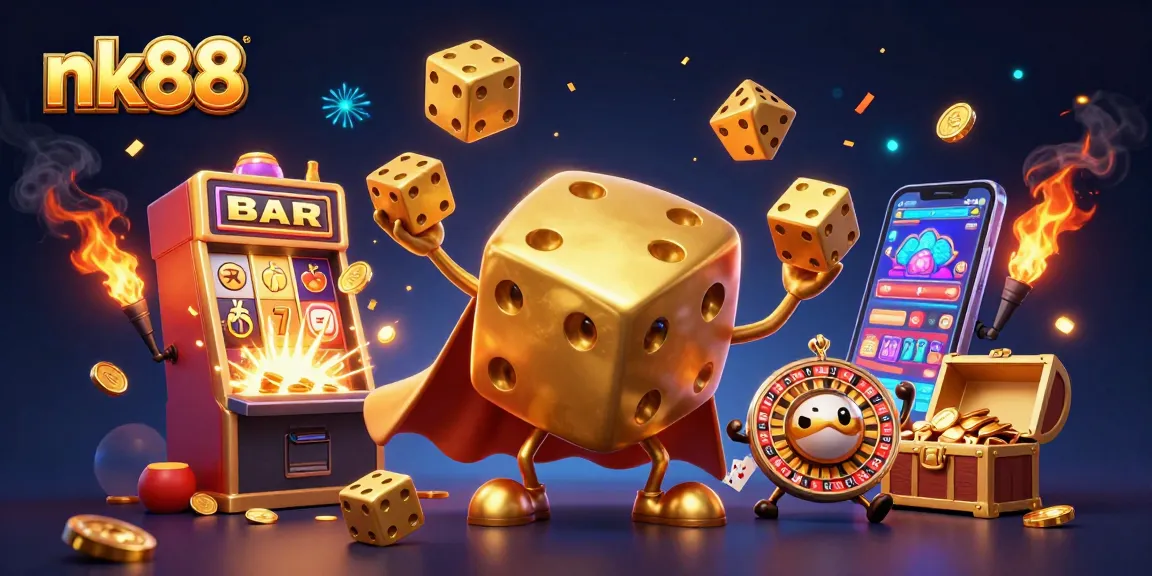 Experience the thrill of nk88 with a vibrant casino scene of golden dice and dynamic gaming elements.