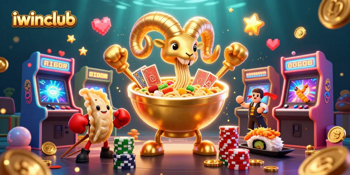 Engage in the vibrant world of iwinclub with a golden ramen bowl as the central character amidst a colorful casino scene.