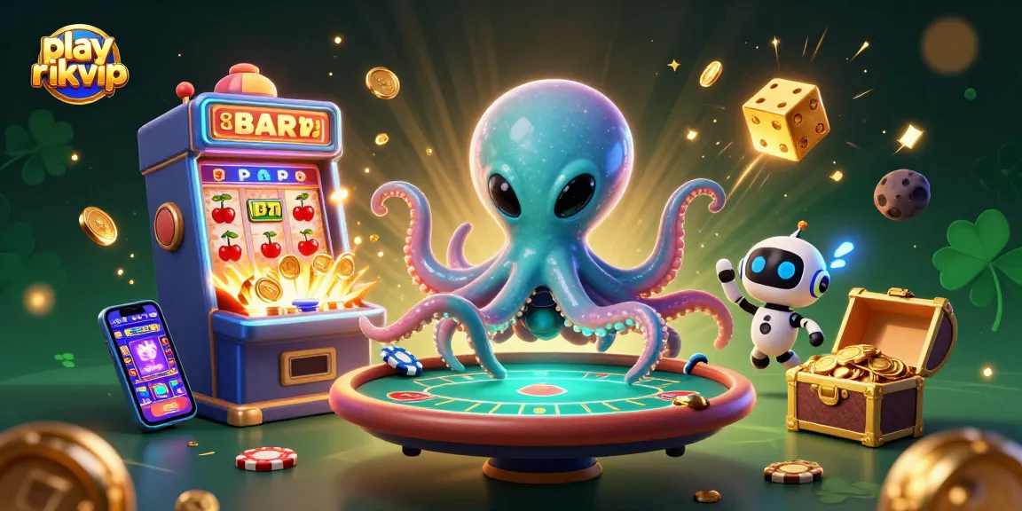 Engaging illustration of play rikvip with an alien octopus and exciting casino elements, inviting players