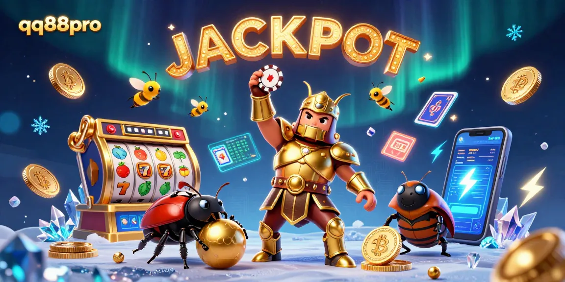 Join the qq88pro adventure as the gladiator beetle celebrates a big win amid vibrant casino elements!