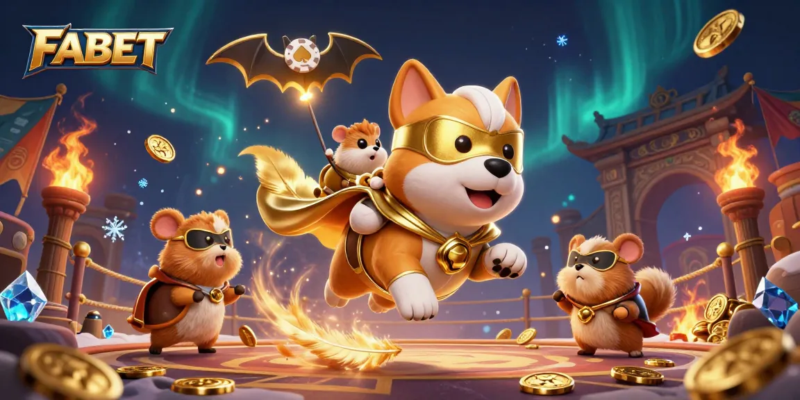 FABET showcases a 3D superhero dog and friend flying with coins amidst casino-themed elements.