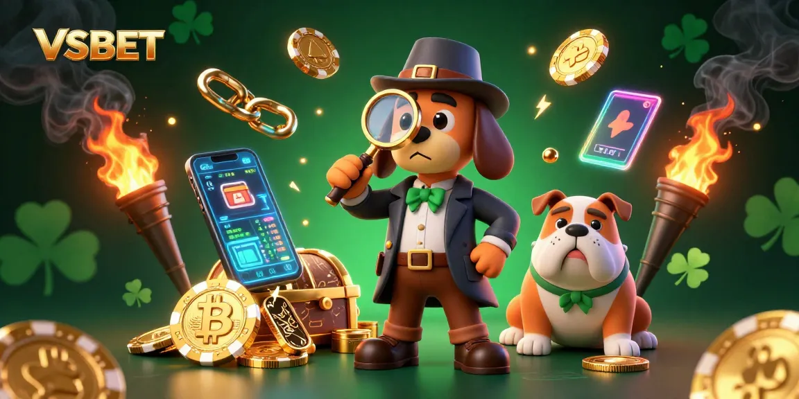 Engage with VSBET's captivating 3D illustration showcasing a detective and bulldog discovering crypto clues in a striking casino scene.