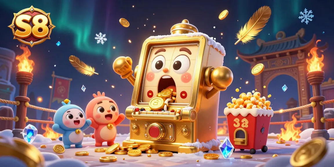 S8 slot machine hits a jackpot, unleashing coins with baby slots cheering beside it, in vibrant casino scene.