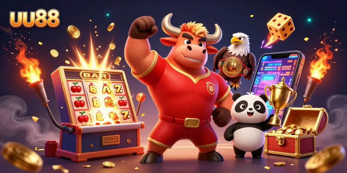 uu88 jackpots explode with vibrant characters and casino elements, showcasing exciting winnings!