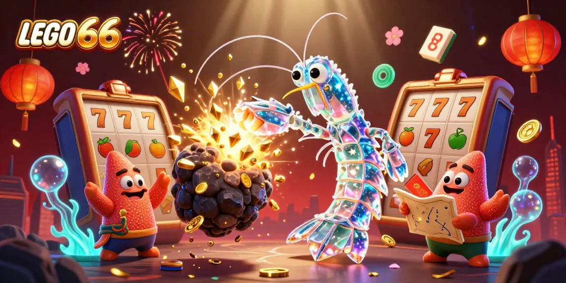 Lego66 slots scene featuring a galactic samurai shrimp amidst slot reels and fireworks, promoting engaging gameplay.