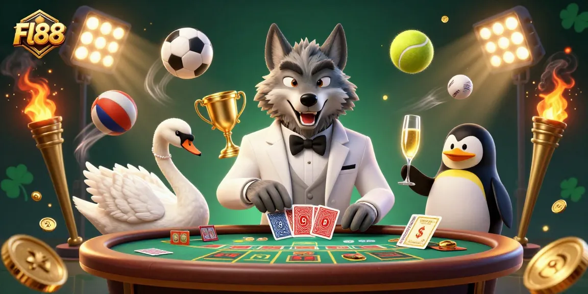 Fl88 enhances gaming excitement with a cartoon wolf and elegant characters in a vibrant casino scene.