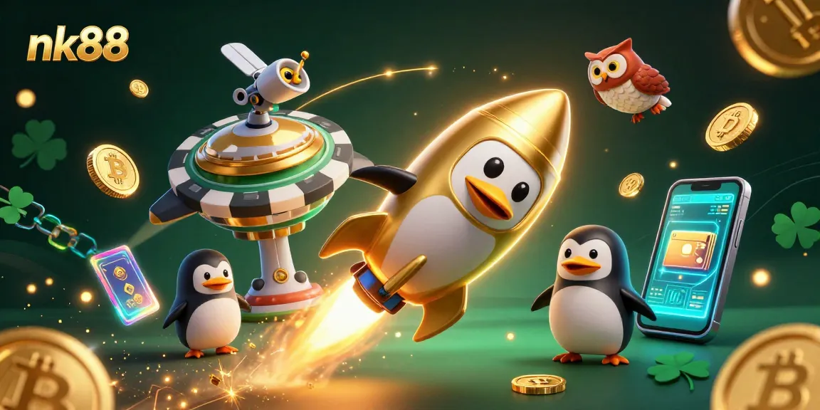 Experience thrilling gaming at nk88 with vibrant penguin and crypto-themed casino illustration.