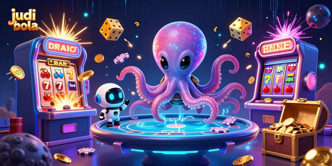 Engage in judi bola with a vibrant 3D scene featuring an alien octopus and dynamic casino elements.