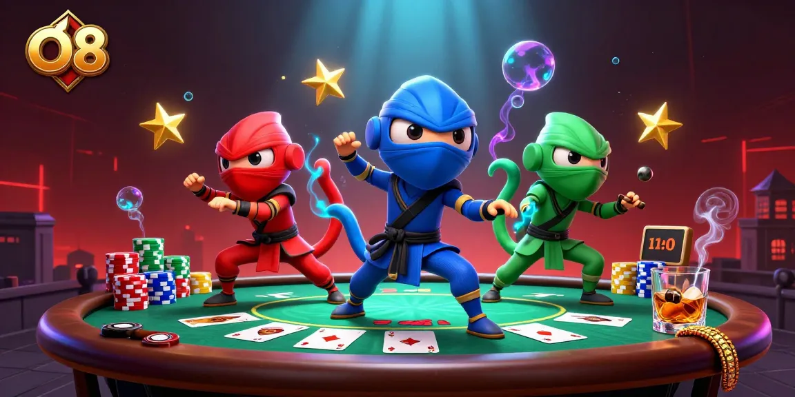 O8 showcases a thrilling scene with chameleon ninjas battling poker stars in a vibrant 3D casino.