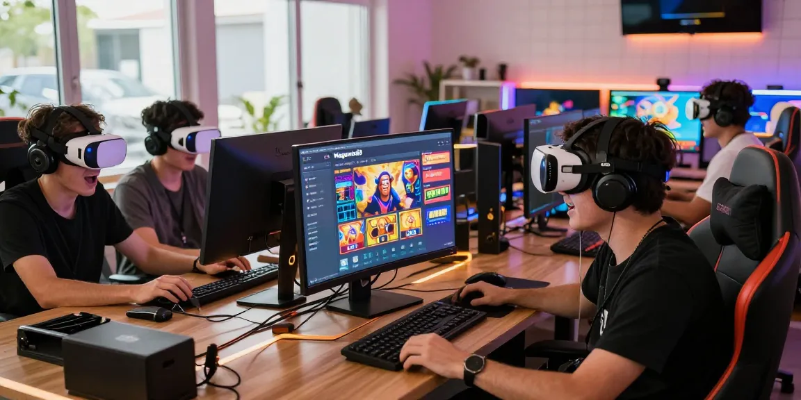 Permainan slot online megawin88 dengan pemain antusias dan peralatan gaming modern.