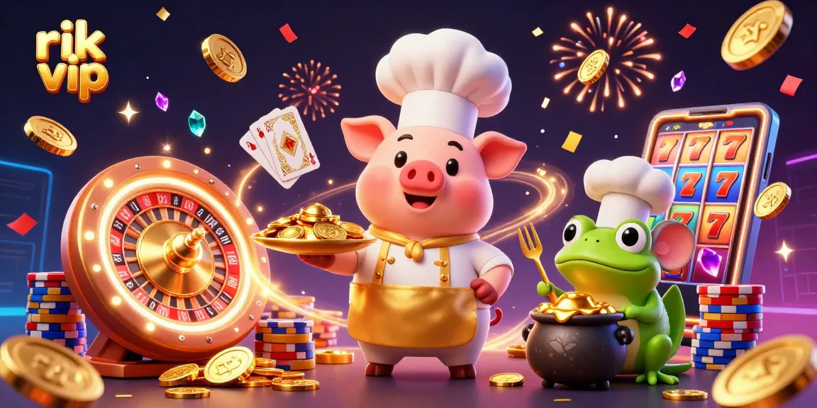 Experience thrilling gameplay at rik vip with a vibrant casino scene featuring pig chef and mouse sous-chef.