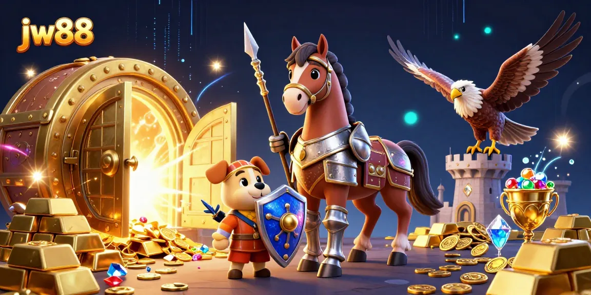 Experience the thrill of jw88 casino with knights and treasures in an energetic 3D illustration.