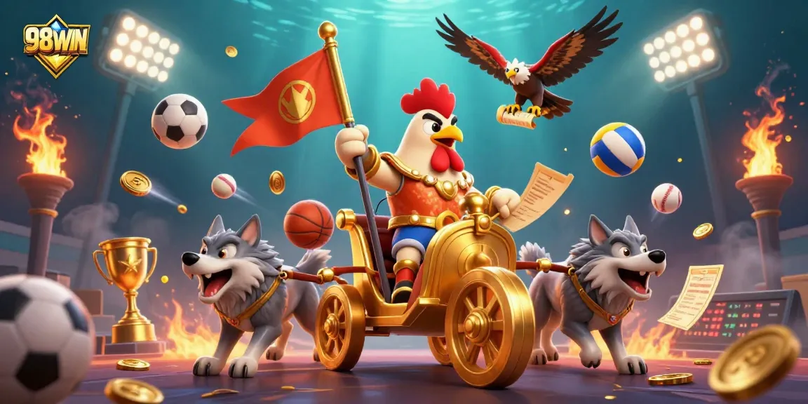 Experience thrilling action at 98WIN with dynamic games and vibrant sports elements in a rich 3D illustration.