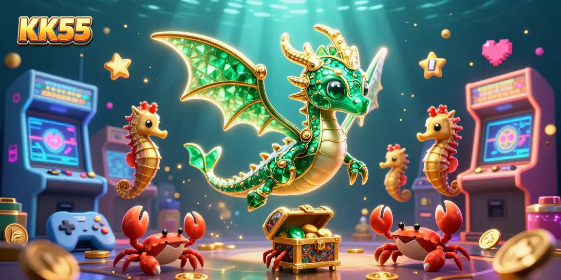 Experience the thrill of KK55 casino games with vibrant 3D characters and glowing arcade elements.