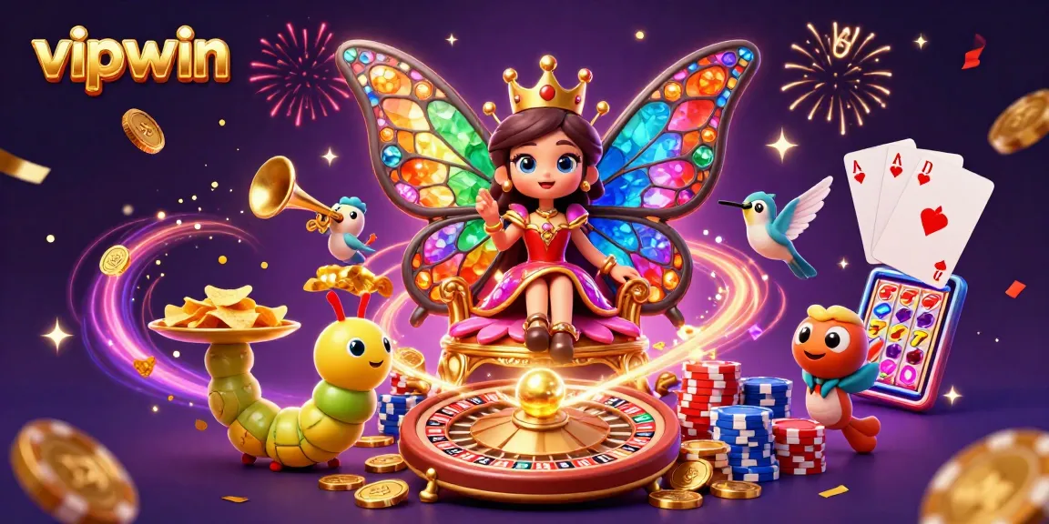Experience the vibrant world of vipwin with a butterfly queen and gaming treasures.