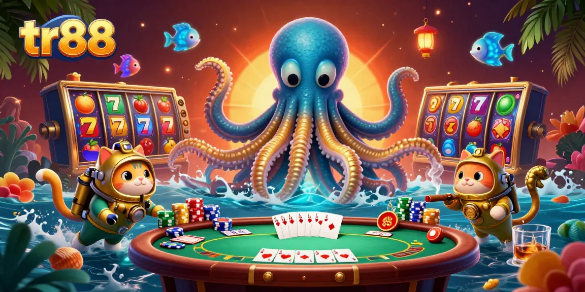 Play thrilling games at tr88 with a vibrant illustration showcasing a colossal kraken, a diving cat, and colorful slots.