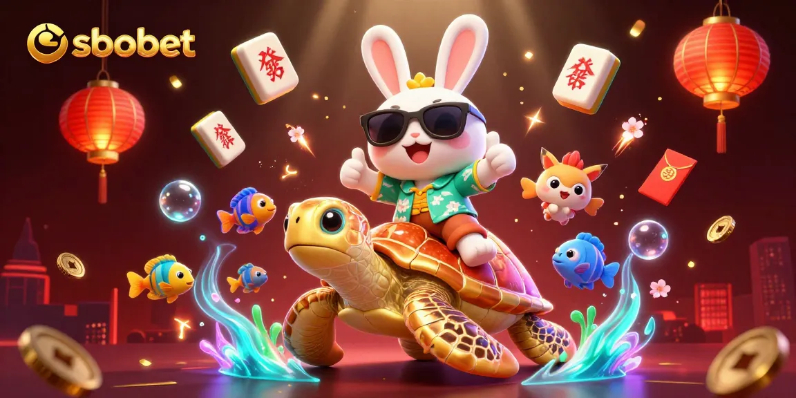 Experience sbobet with a lucky rabbit and golden sea turtle in this vibrant 3D casino scene.