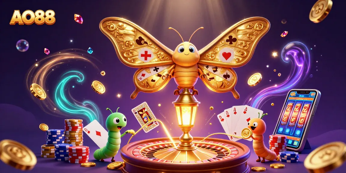 Experience AO88 with a dynamic scene of an atlas moth amidst casino elements and shimmering gems.