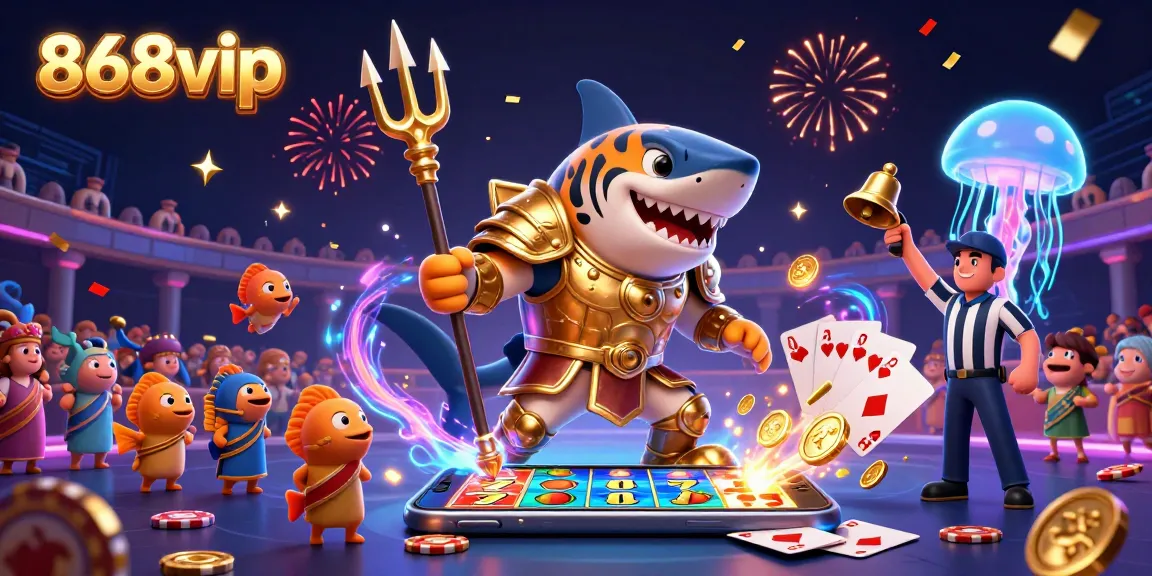 Experience thrilling wins at 868vip with a vibrant 3D underwater casino scene featuring a tiger shark.