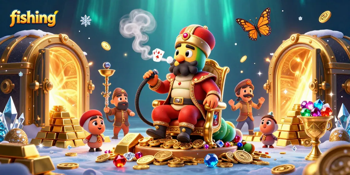 Fishing-themed 3D illustration showcasing a caterpillar poker master amidst treasures.