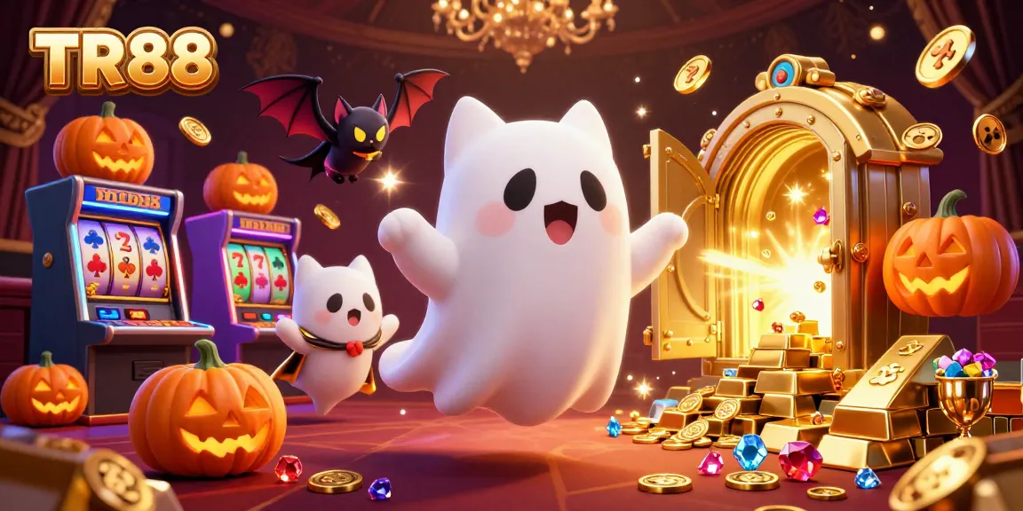 Experience TR88's dynamic casino adventure with a ghost cat and treasure amidst vibrant gaming elements.