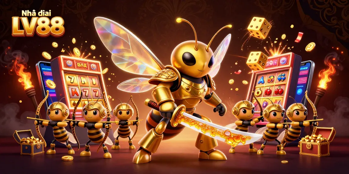 Engage with the thrilling adventure of Nhà cái LV88, featuring a golden hornet warrior among vibrant casino elements.