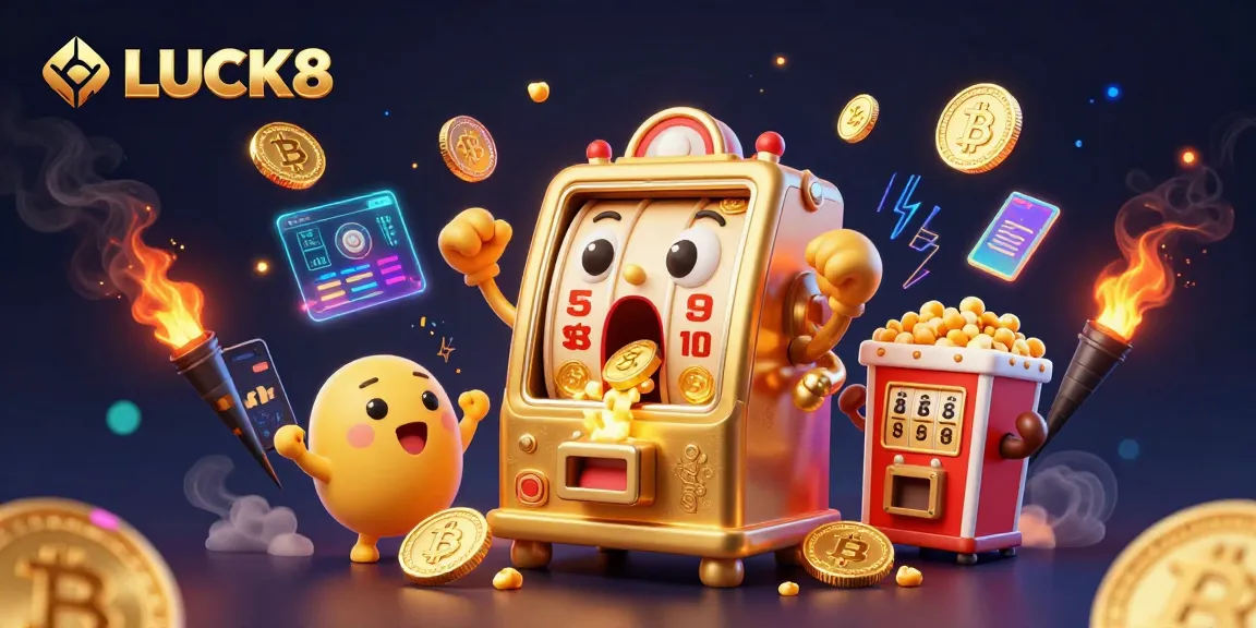 LUCK8 features a golden slot machine hitting a jackpot, surrounded by cheering mini slots and crypto elements.