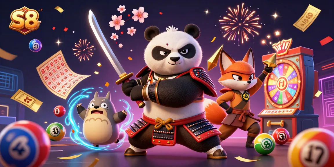 Experience exciting promotions at S8, featuring a dynamic scene with vivid lottery balls and cheerful characters.