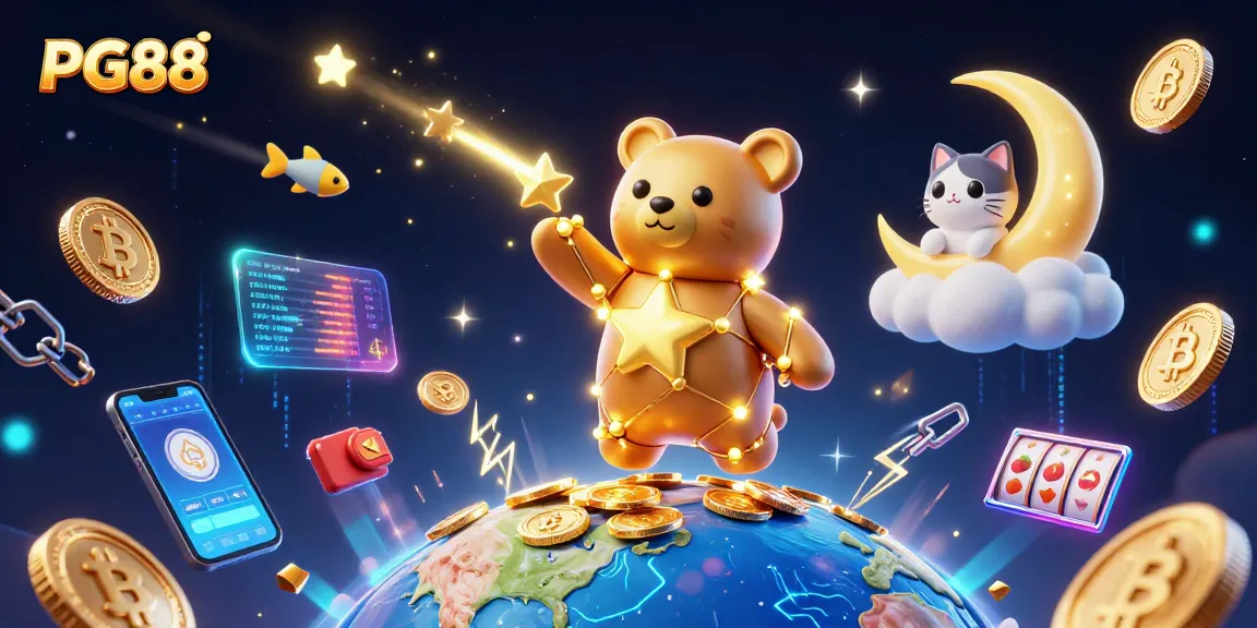Engage with PG88 in this vibrant 3D casino scene filled with golden stars and fun gaming elements.