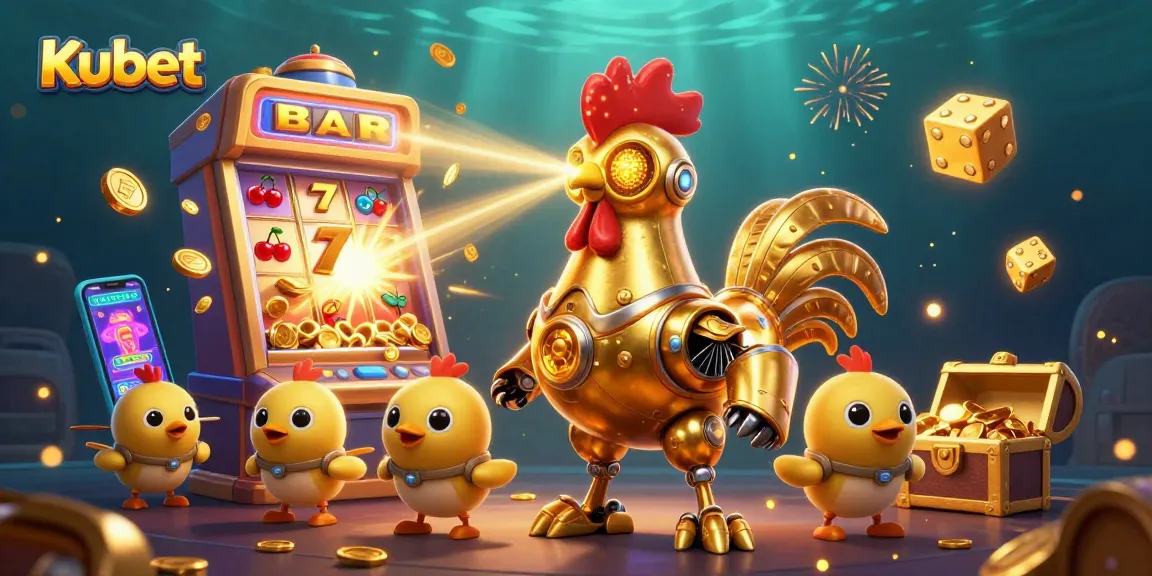 Kubet's colorful slot game scene features a golden rooster robot and baby chick drones.
