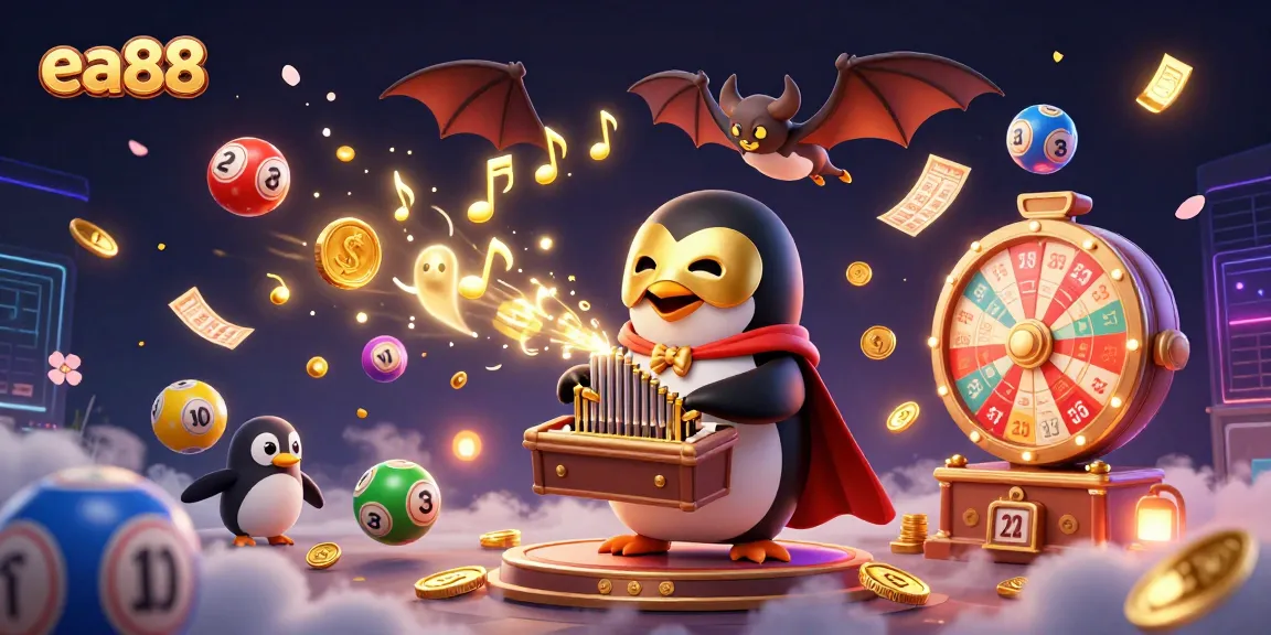 Experience thrilling gaming adventure with ea88 featuring a penguin playing the organ amidst lottery elements.