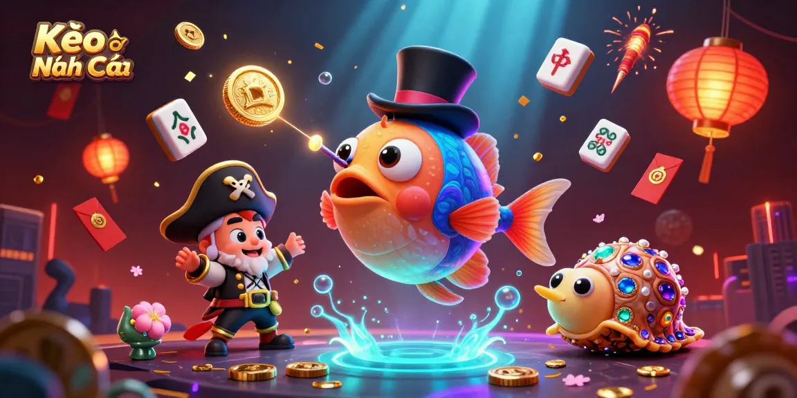 Kèo Nhà Cái entertains with 3D animated casino characters attracting golden coins amidst festive décor.