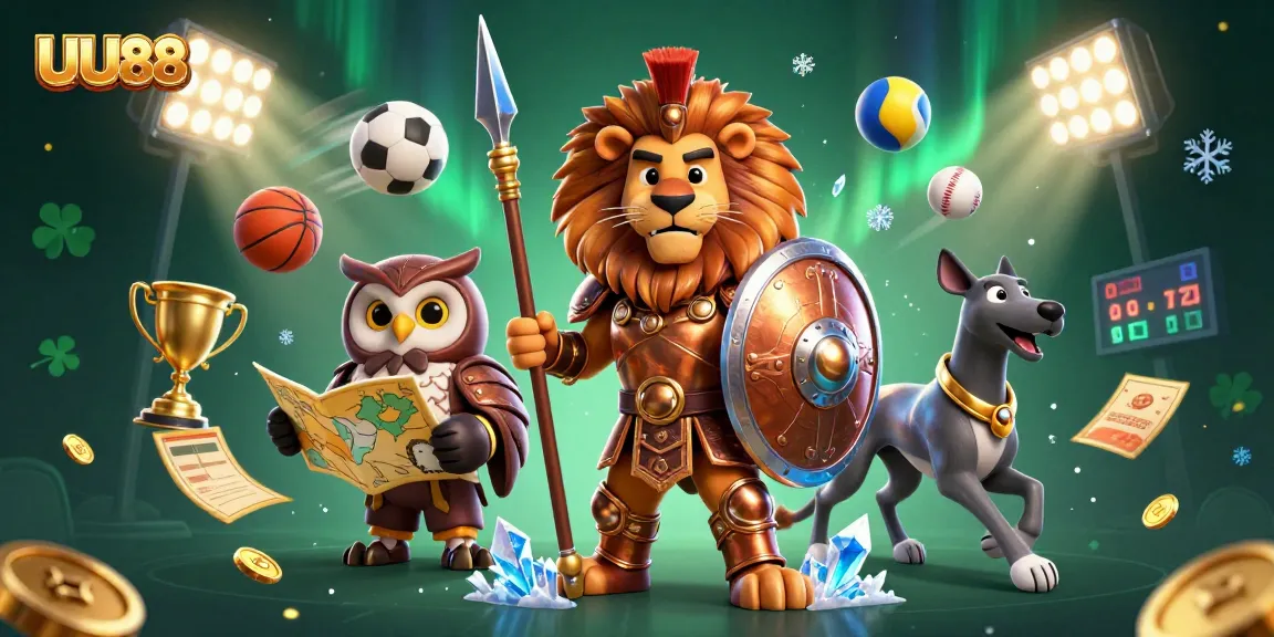 UU88 captures the excitement of sports betting with a Spartan lion, owl strategist, and swift greyhound in action.