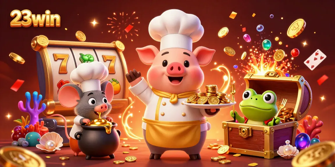 Engage with 23win in this vibrant illustration featuring a chef pig serving gold coins amidst slots and celebration.