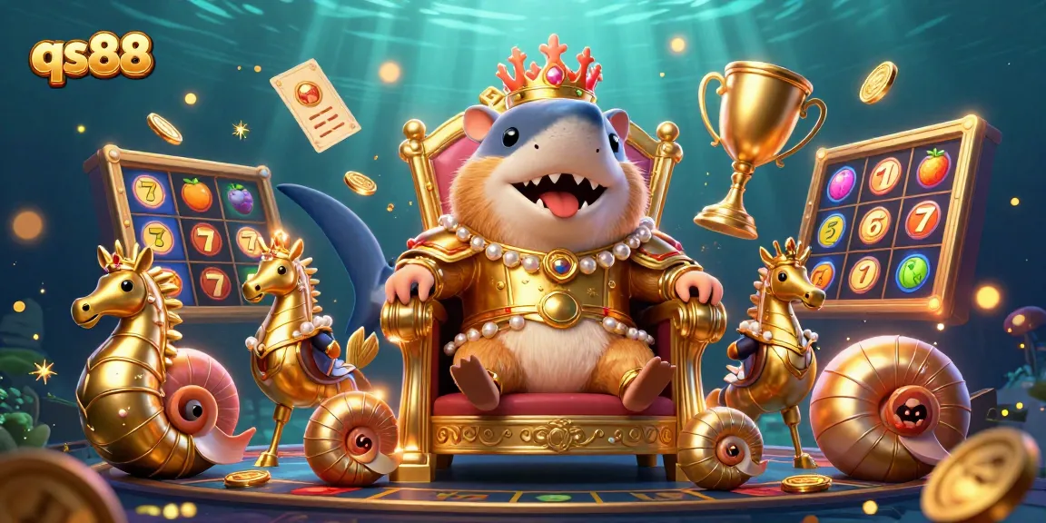 Engage with qs88's thrilling slot adventures featuring a golden hamster king in a vibrant underwater casino scene.