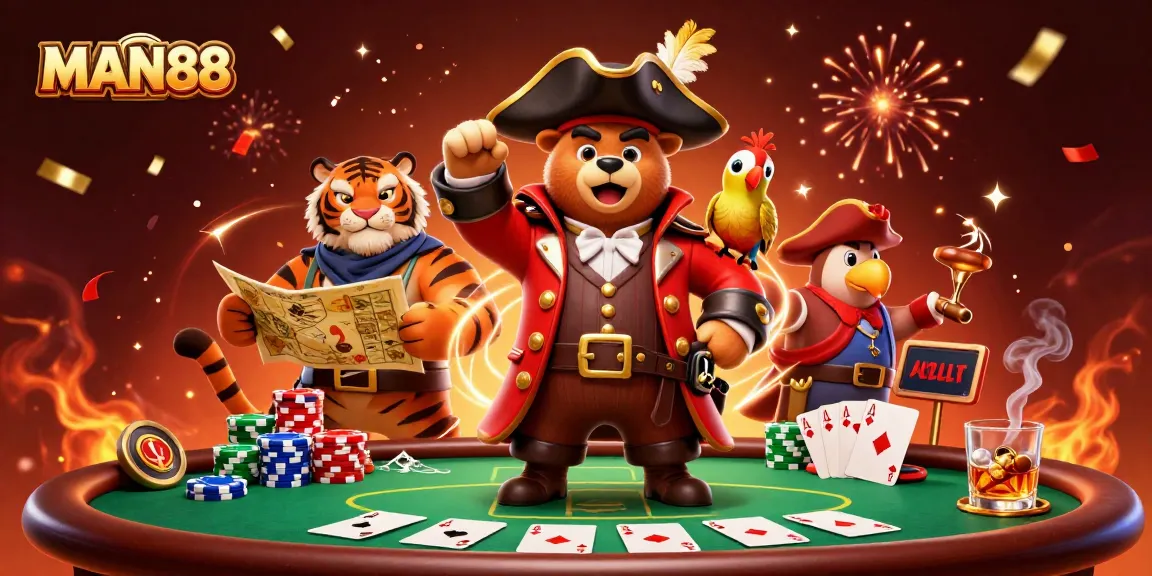 Experience thrilling poker action with MAN88 as pirate bear and tiger explore winning strategies.