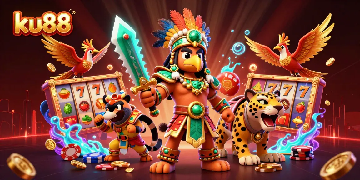 ku88 showcases an Aztec warrior with jackpot symbols, inviting players to strike it rich.