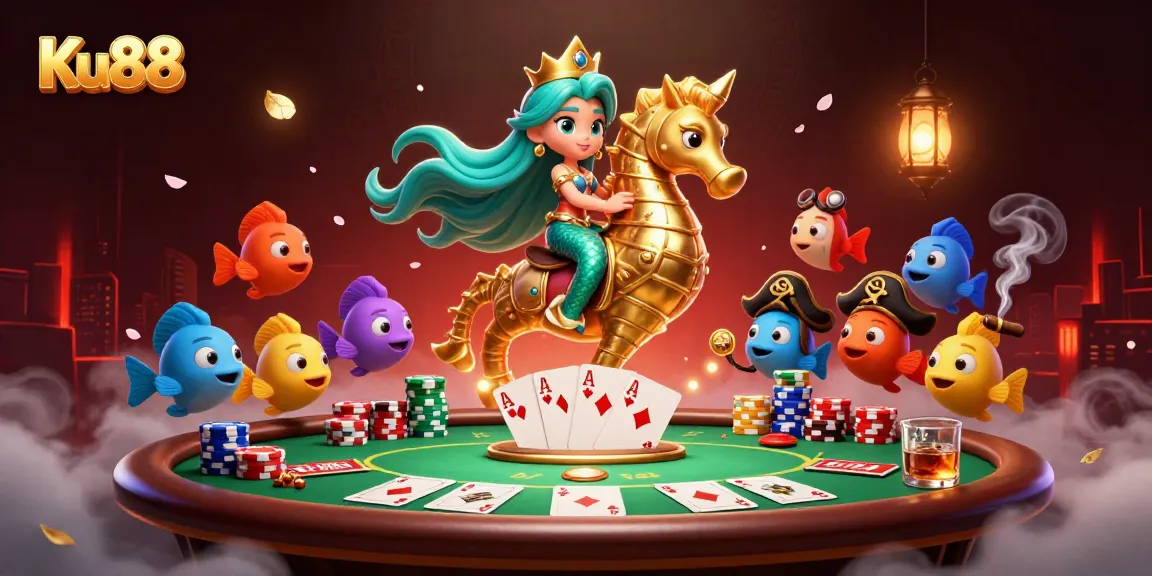 Bet on Ku88 in a vibrant casino scene with a mermaid princess, seahorse, and colorful fish.