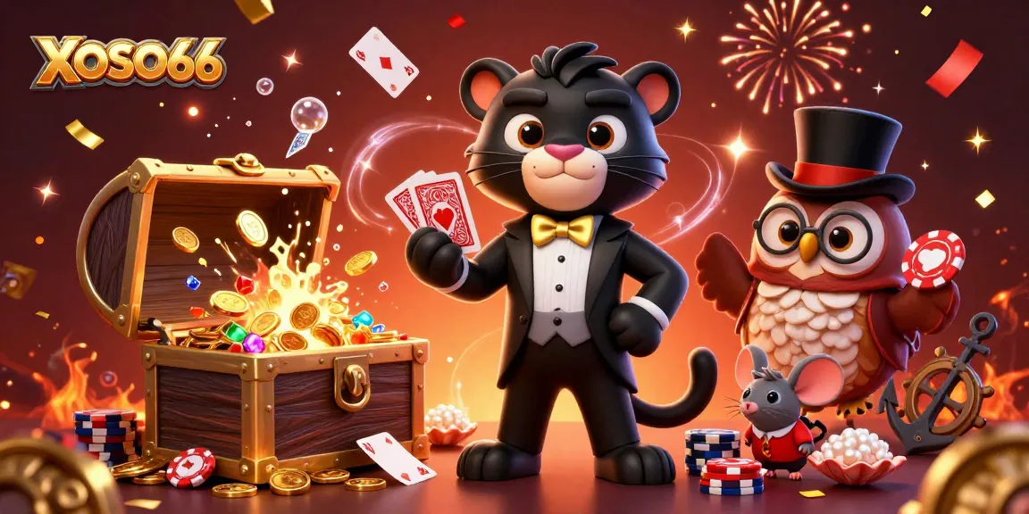 XOSO66 showcases a stylish black panther dealer amidst a vibrant casino scene filled with gold and colorful gems.