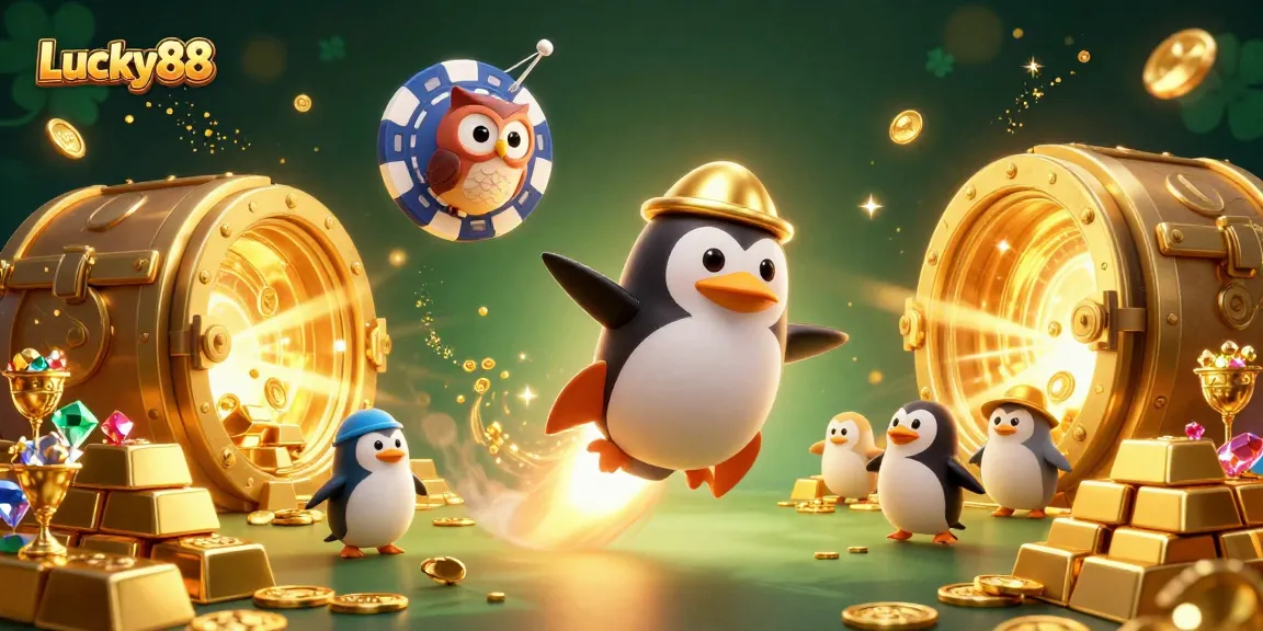 Lucky88 penguin blasts through space to a vibrant casino chip station, surrounded by riches.