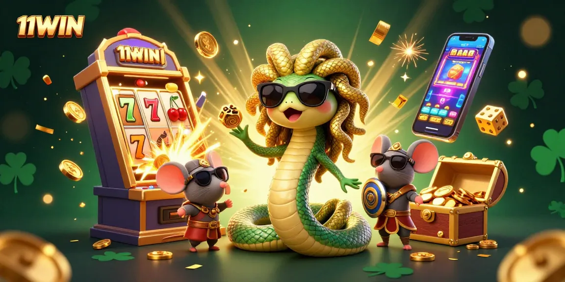 Spin to win with 11WIN in a vibrant jackpot scene featuring Medusa and a warrior mouse.