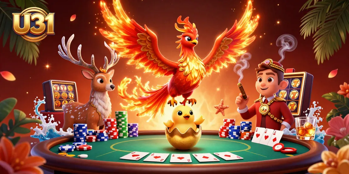 U31 showcases a vibrant scene of a phoenix and stag set around a bustling poker tableau, symbolizing thrilling gaming.