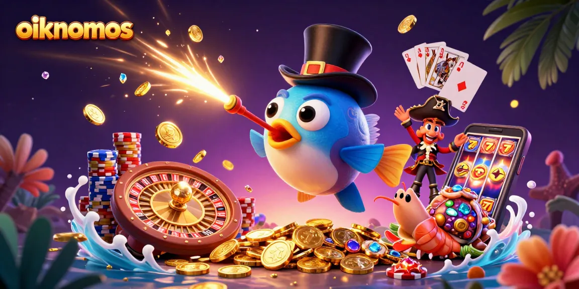 oikonomos deep-sea anglerfish attracts gold coins in a vibrant casino illustration