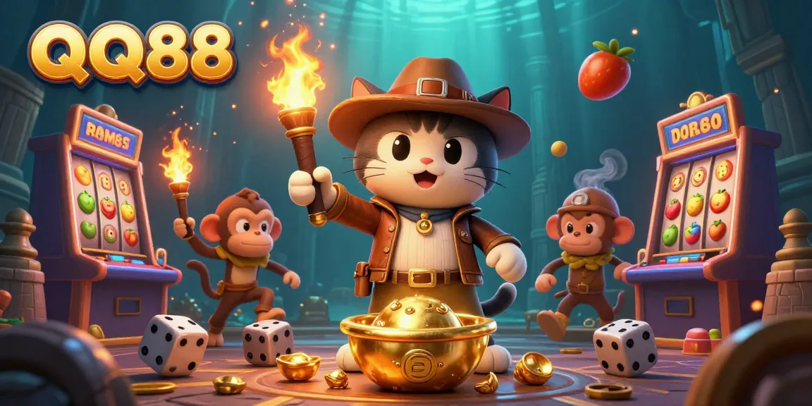 Experience the thrill of QQ88 as the explorer cat uncovers a golden jackpot amidst vibrant casino elements.